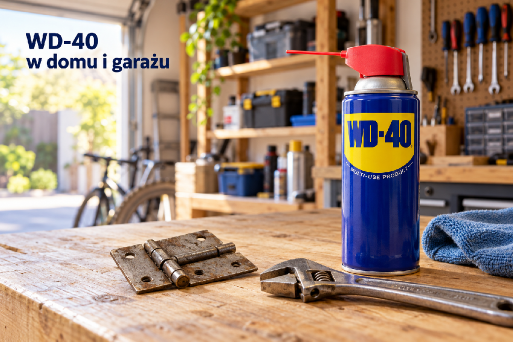 WD-40 z aplikatorem, metalowy zawias i klucz nastawny na stole w przydomowym garażu