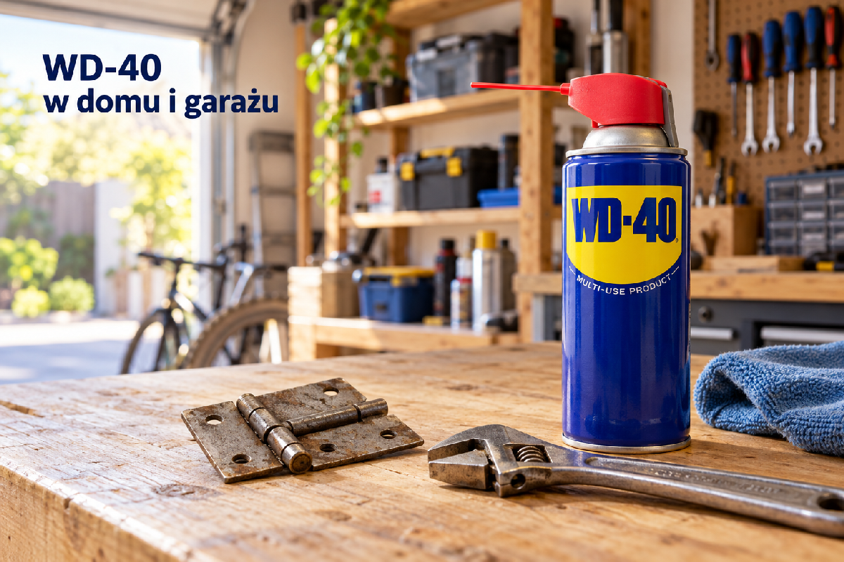 WD-40 z aplikatorem, metalowy zawias i klucz nastawny na stole w przydomowym garażu